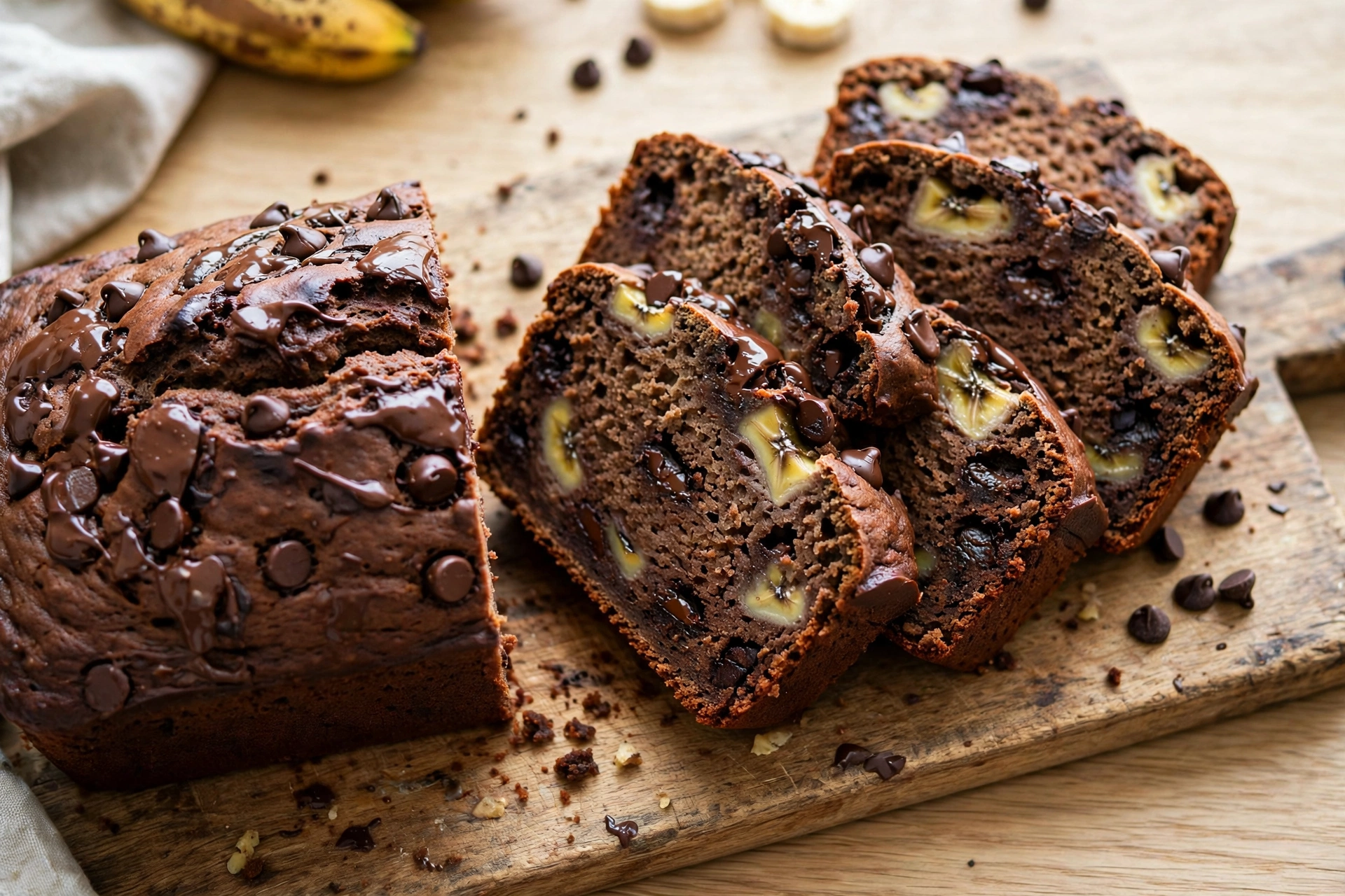 Moist Chocolate Banana Bread baked without an oven, sliced on a rustic wooden board