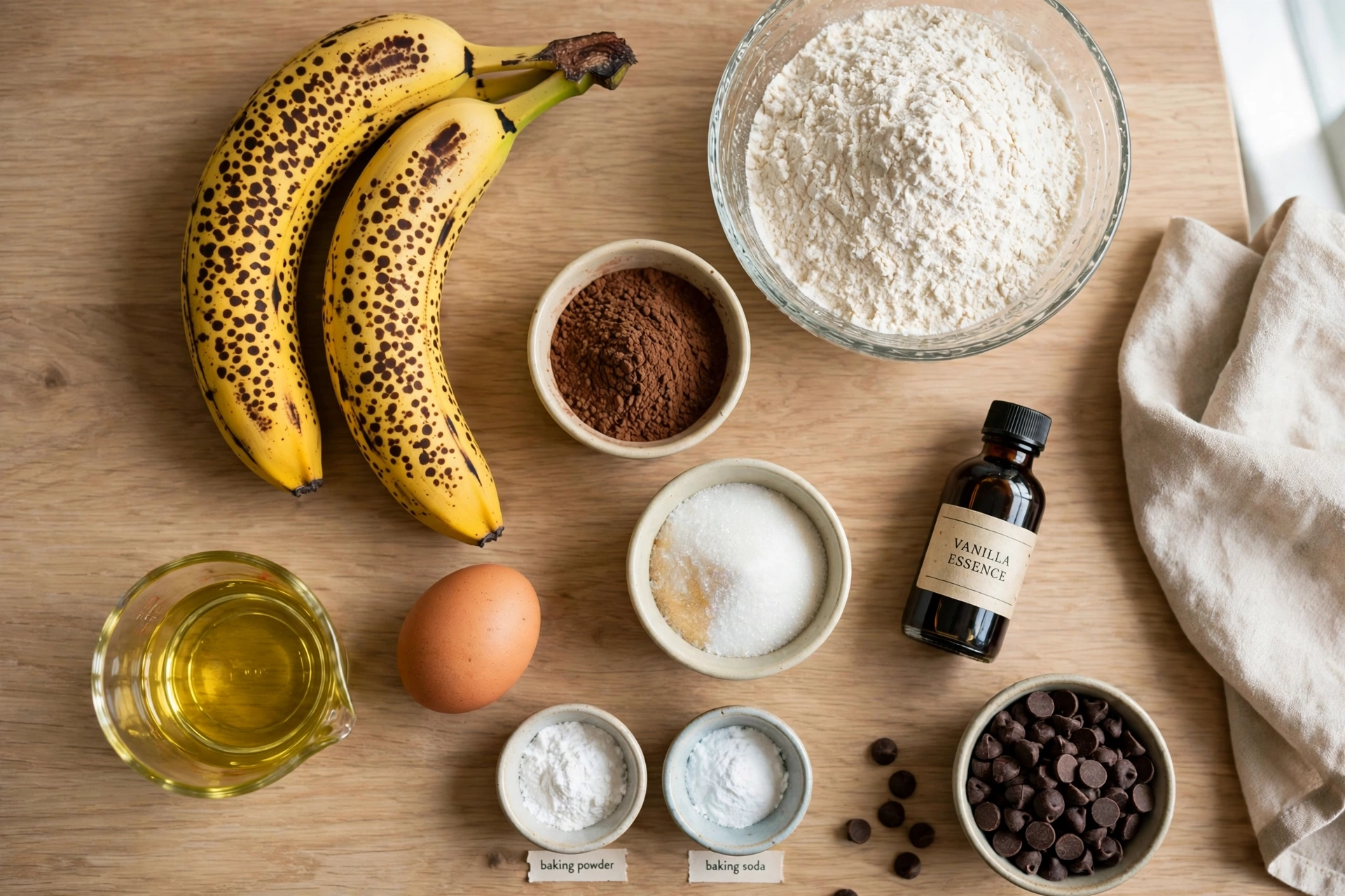Flat lay of ingredients for Chocolate Banana Bread including flour, cocoa, bananas, sugar, egg, and chocolate chips