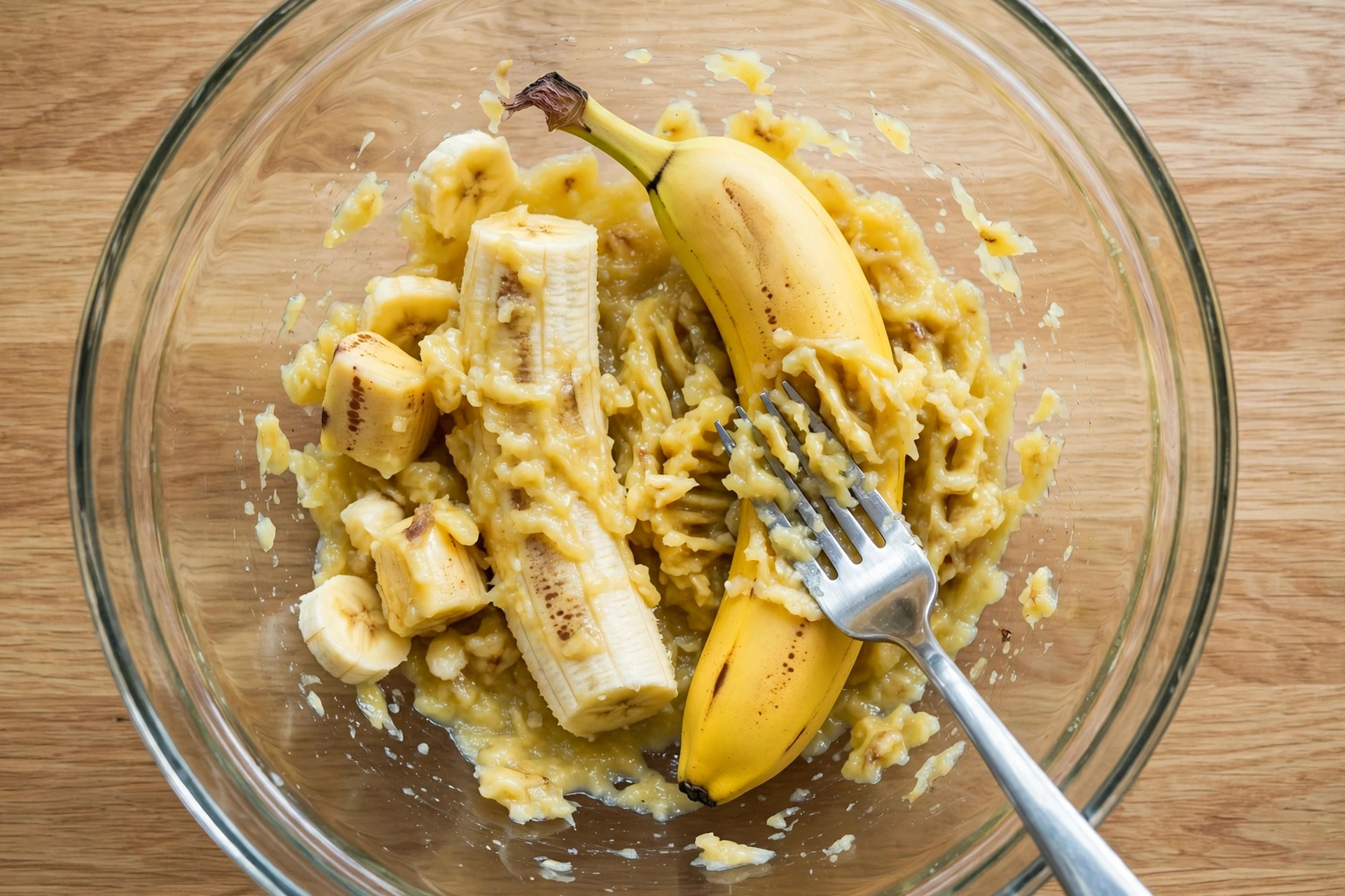 Mashing overripe bananas with a fork in a clear glass bowl