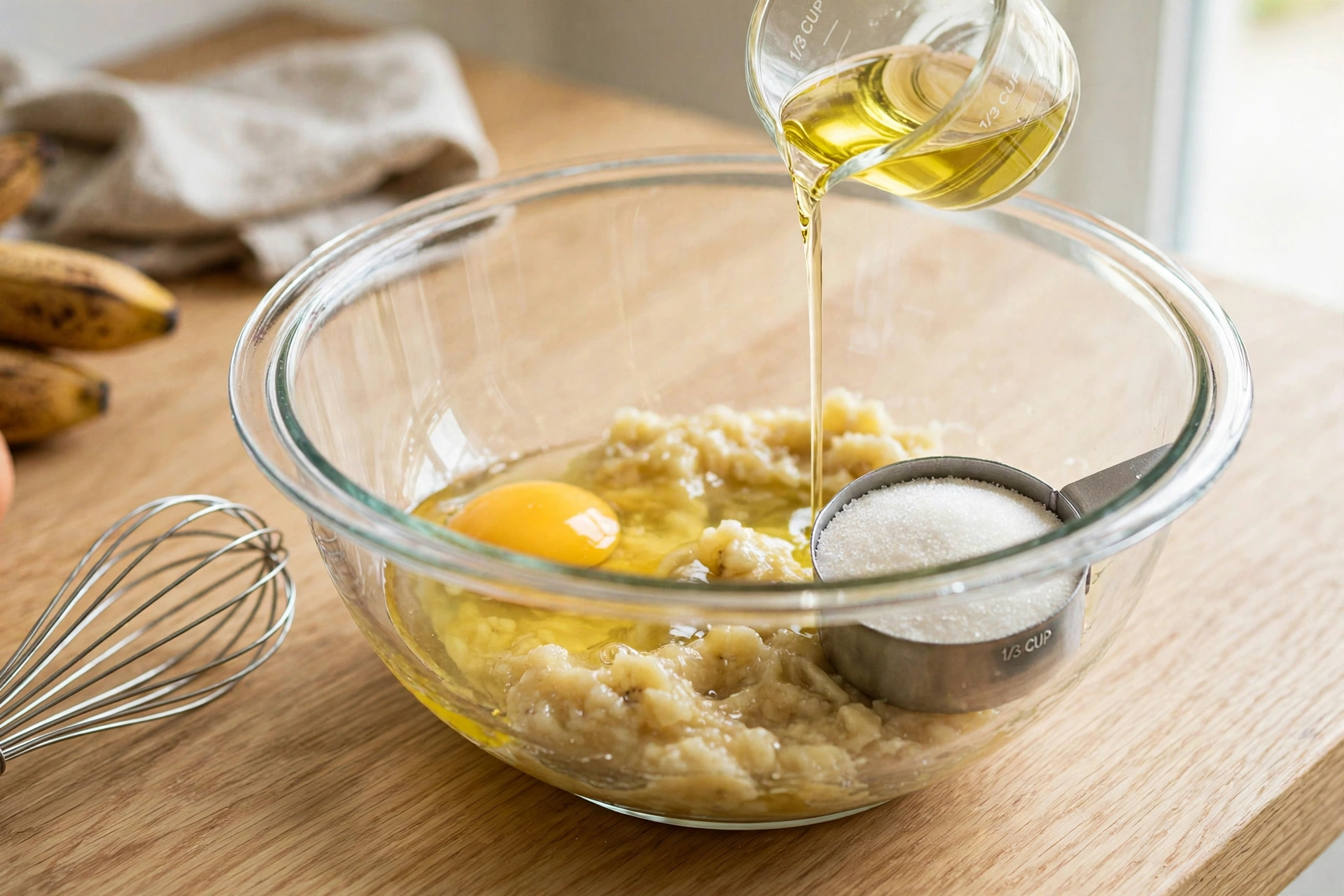 Whisking egg, sugar, and oil into mashed bananas