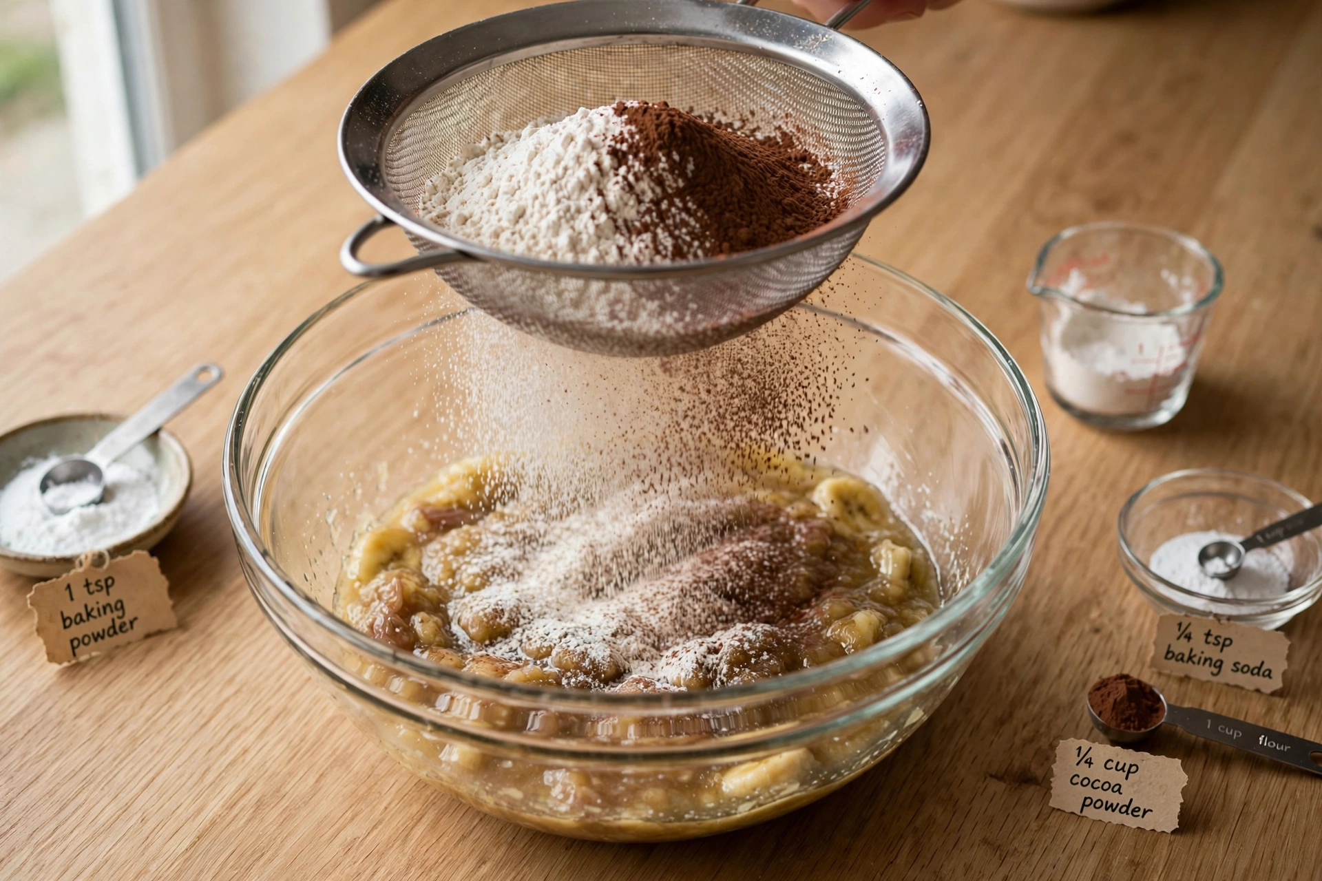 Sifting flour and cocoa powder through a metal sieve over the bowl