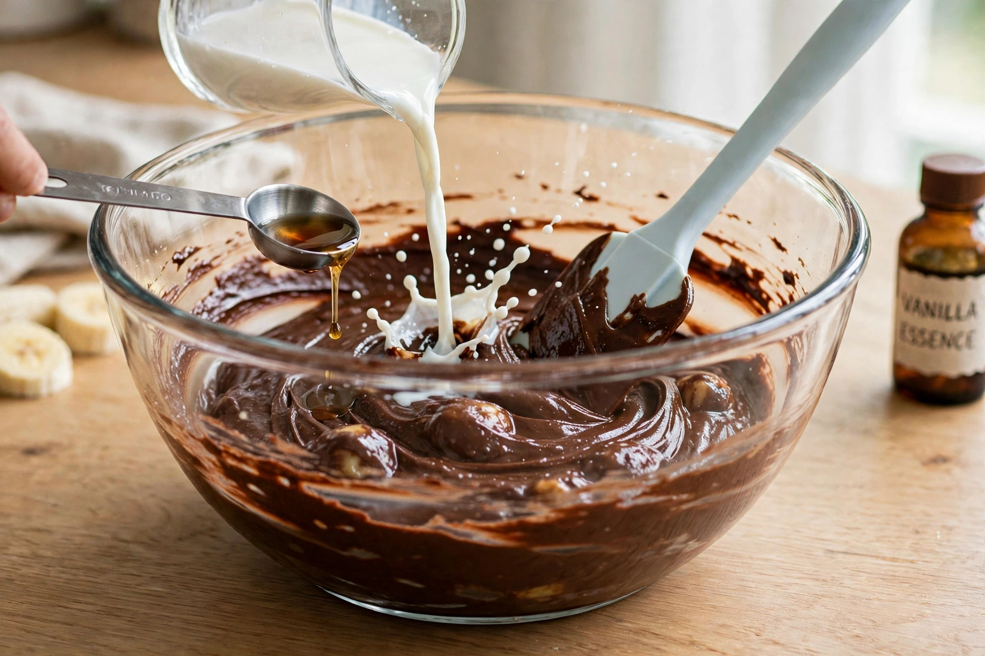 Folding chocolate batter with a spatula and adding vanilla and milk