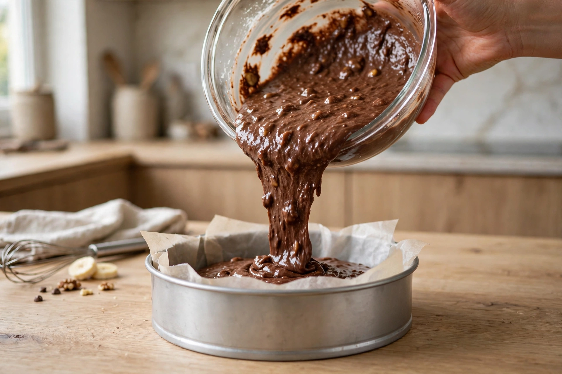Pouring glossy chocolate banana batter into prepared cake mould