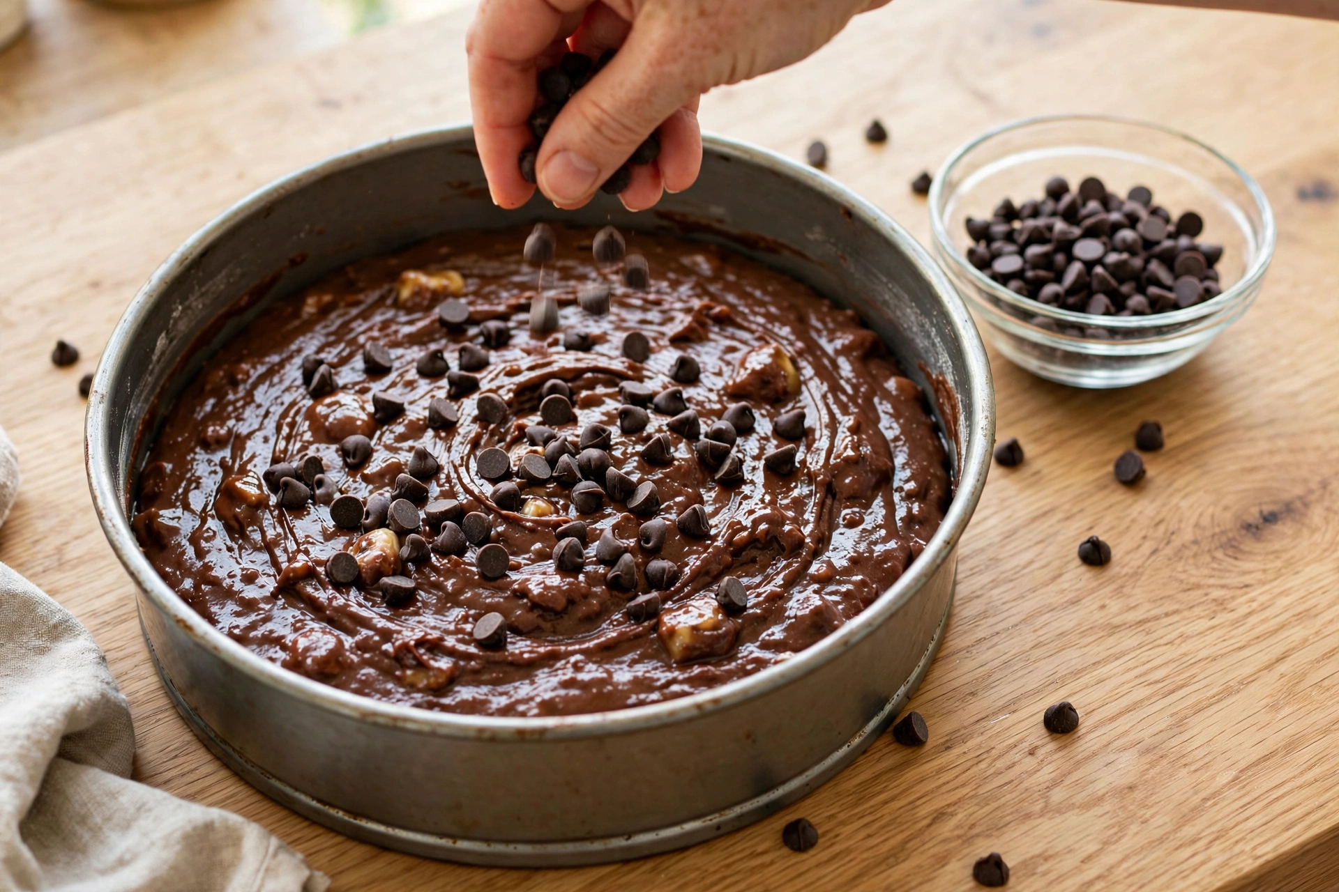 Sprinkling dark chocolate chips over the top of the batter