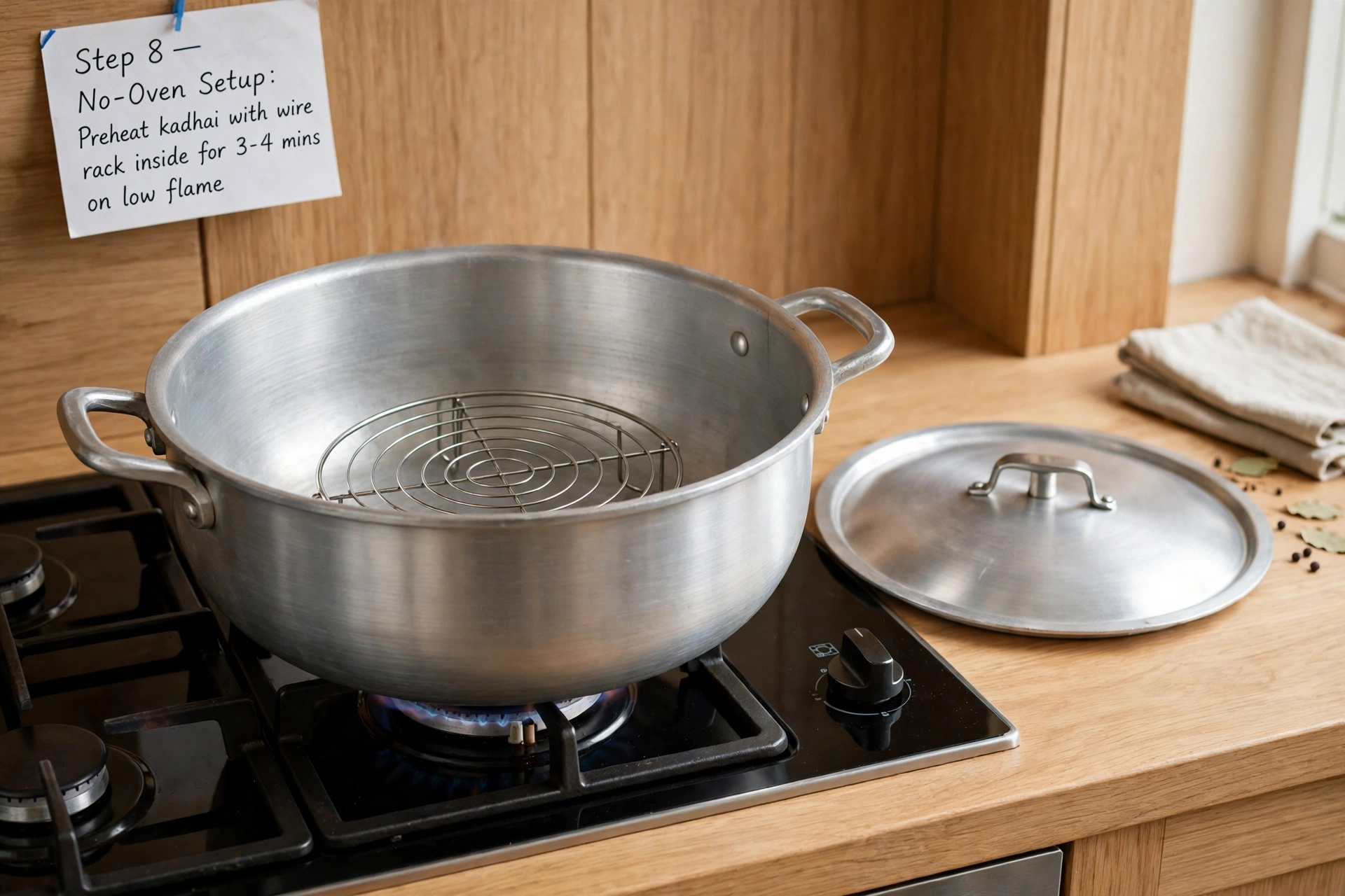Deep heavy pot with a wire stand inside set on a gas stovetop