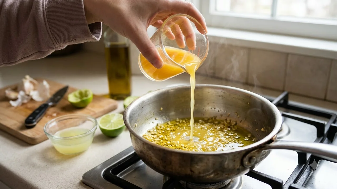 Pouring fresh citrus juices into saucepan with warm olive oil and garlic