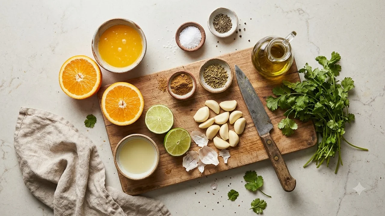 Cuban mojo sauce ingredients: fresh oranges, limes, garlic cloves, olive oil, and spices