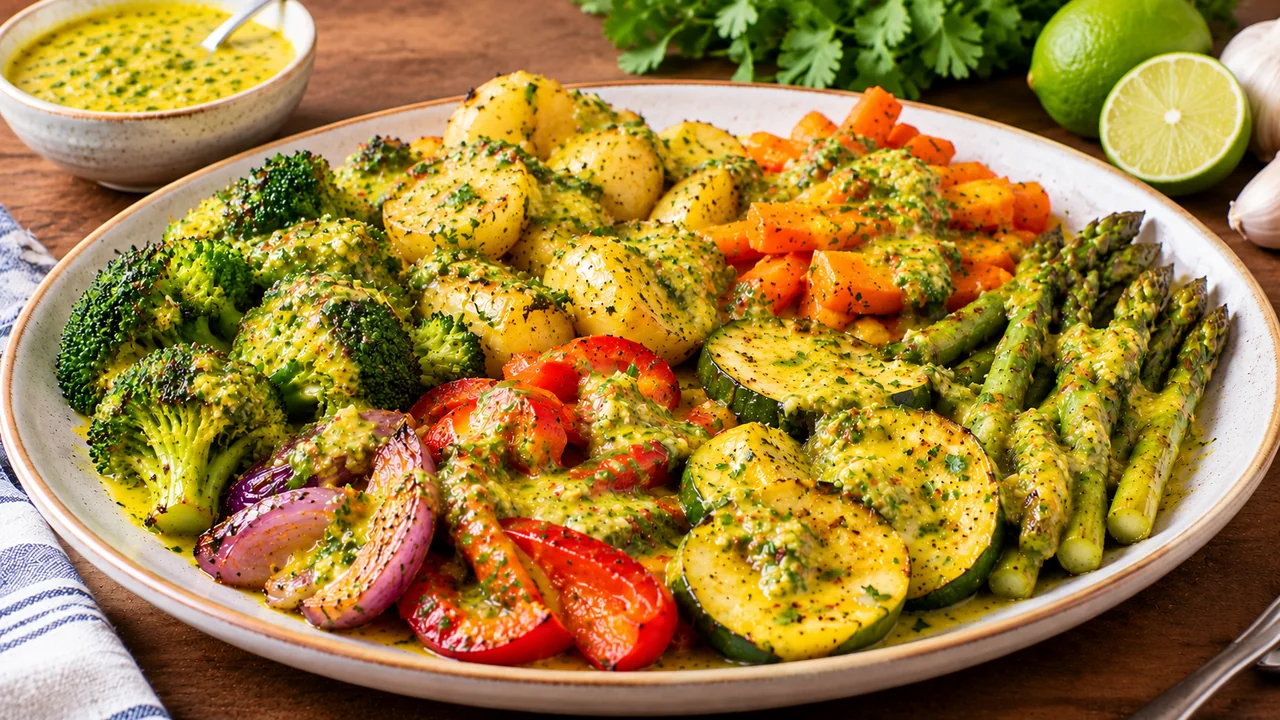 Mojo sauce over roasted vegetables