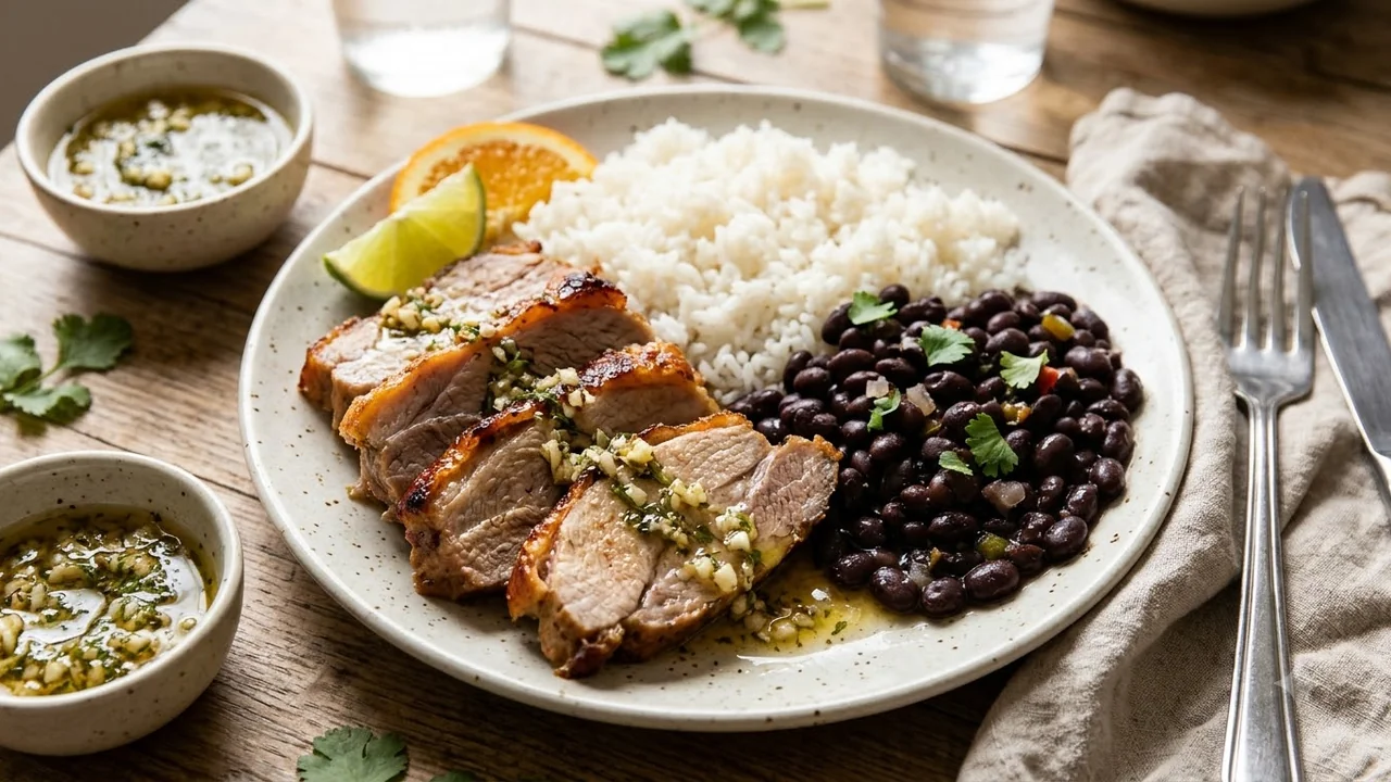 Roasted pork with rice and warm Cuban mojo sauce poured over top