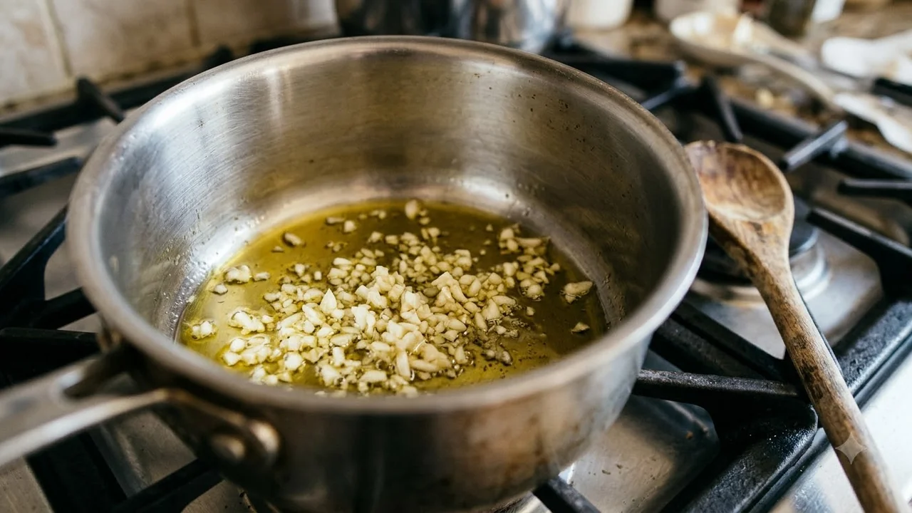 Minced garlic gently warming in olive oil in saucepan