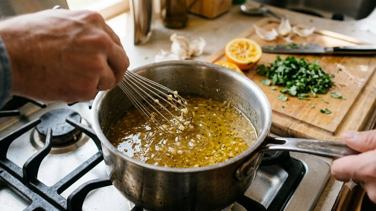 Whisking the warm Cuban mojo sauce until combined